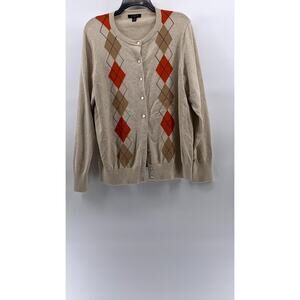 LANDS' END Women's Plus Size Diamond Argyle Crewneck Button-Up Cardigan SZ 1X